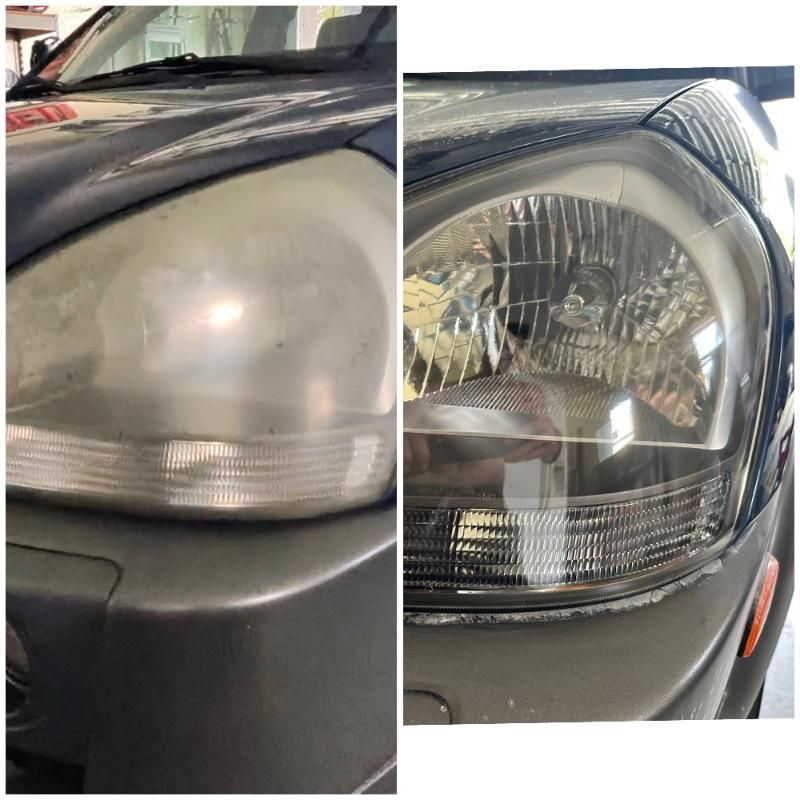 Headlight before and after restoration, silver sedan