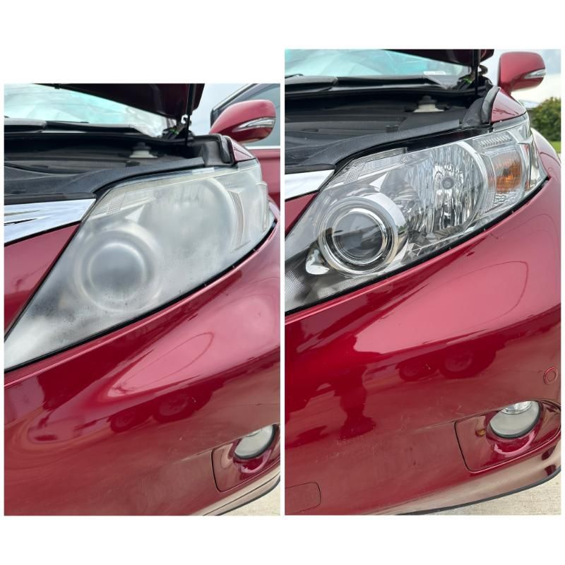 Headlight before and after restoration, red sedan