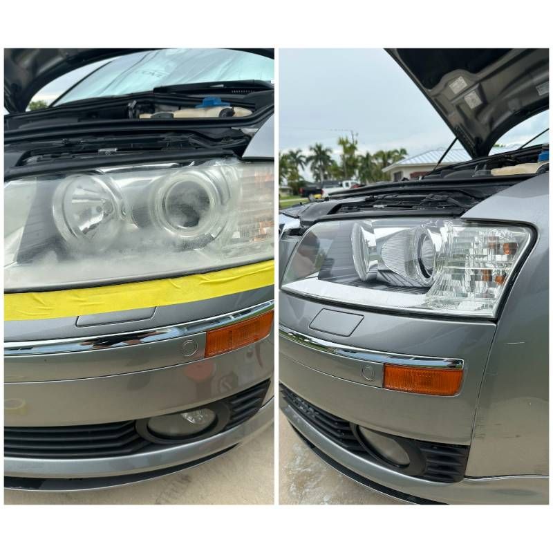 Headlight before and after restoration, grey sedan