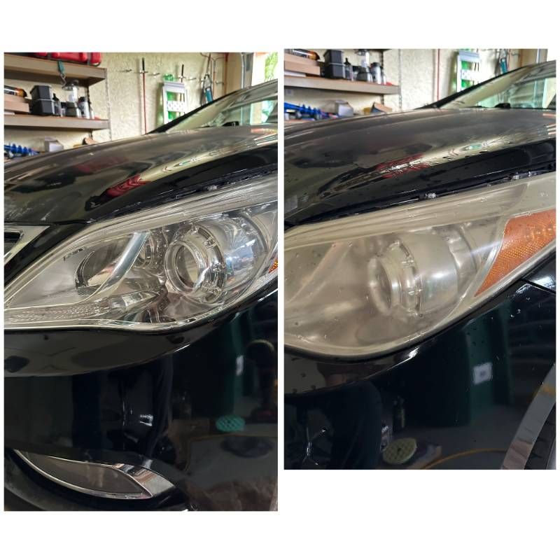 Headlight before and after restoration, black sedan
